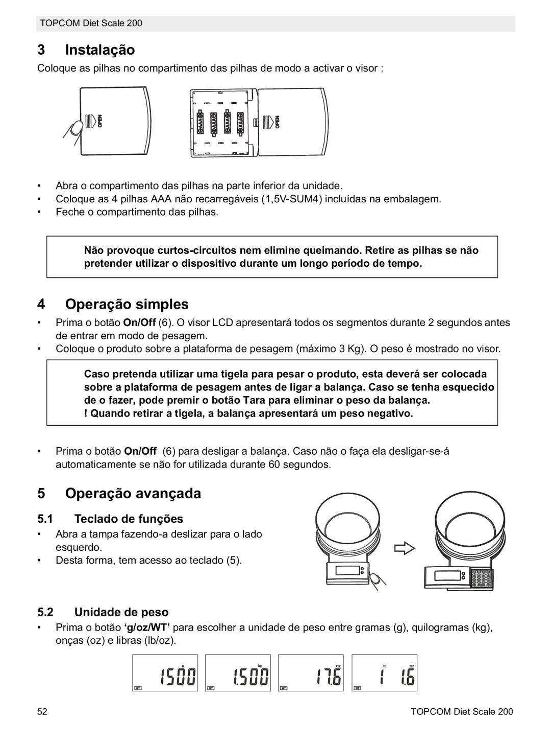 Topcom 200 manual do utilizador Instalação, Operação simples, Operação avançada, Teclado de funções, Unidade de peso 