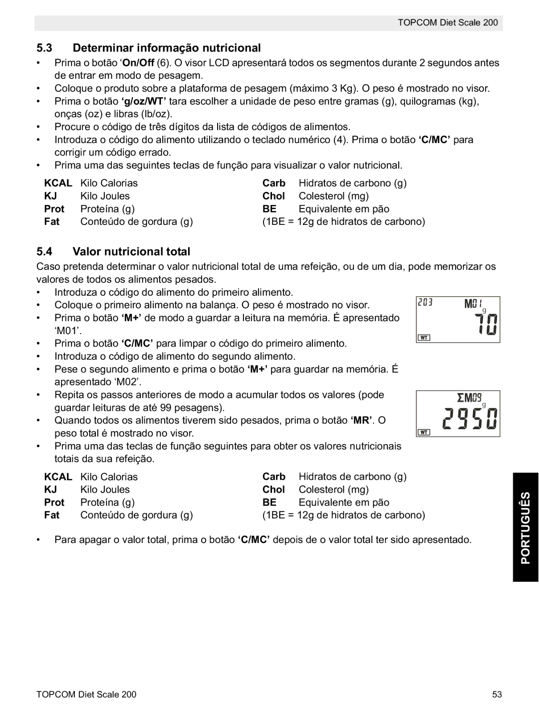 Topcom 200 manual do utilizador Determinar informação nutricional, Valor nutricional total 