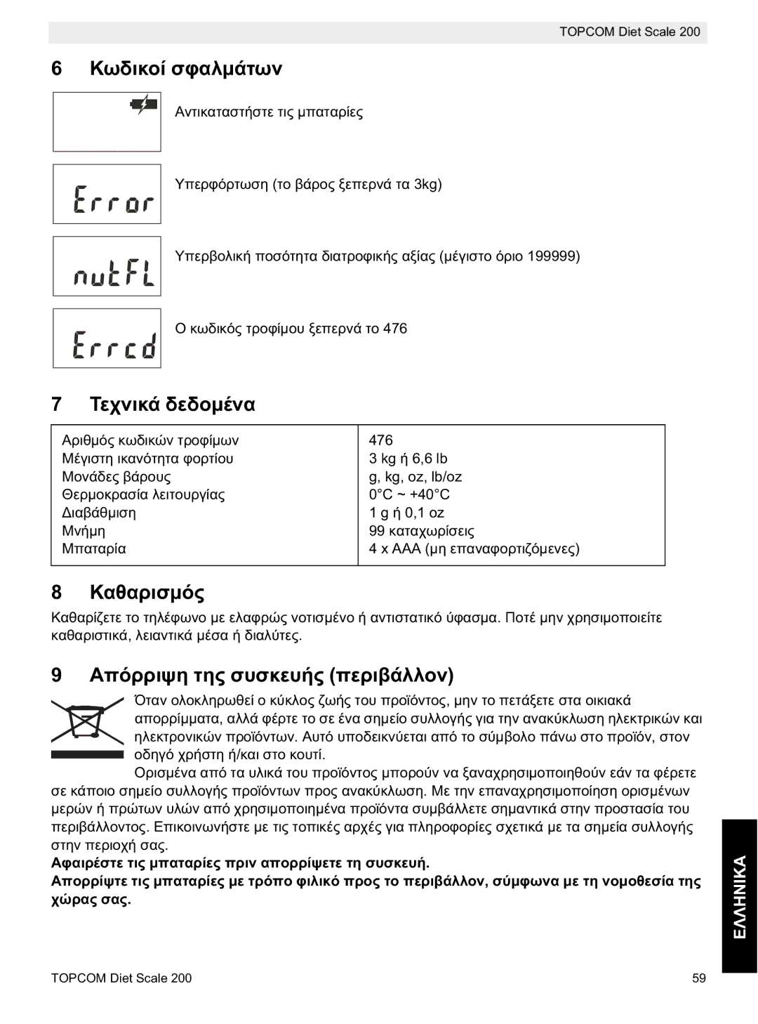 Topcom 200 manual do utilizador 199999 476 Kg, oz, lb/oz 0C ~ +40C 1 g ,1 oz AAA 