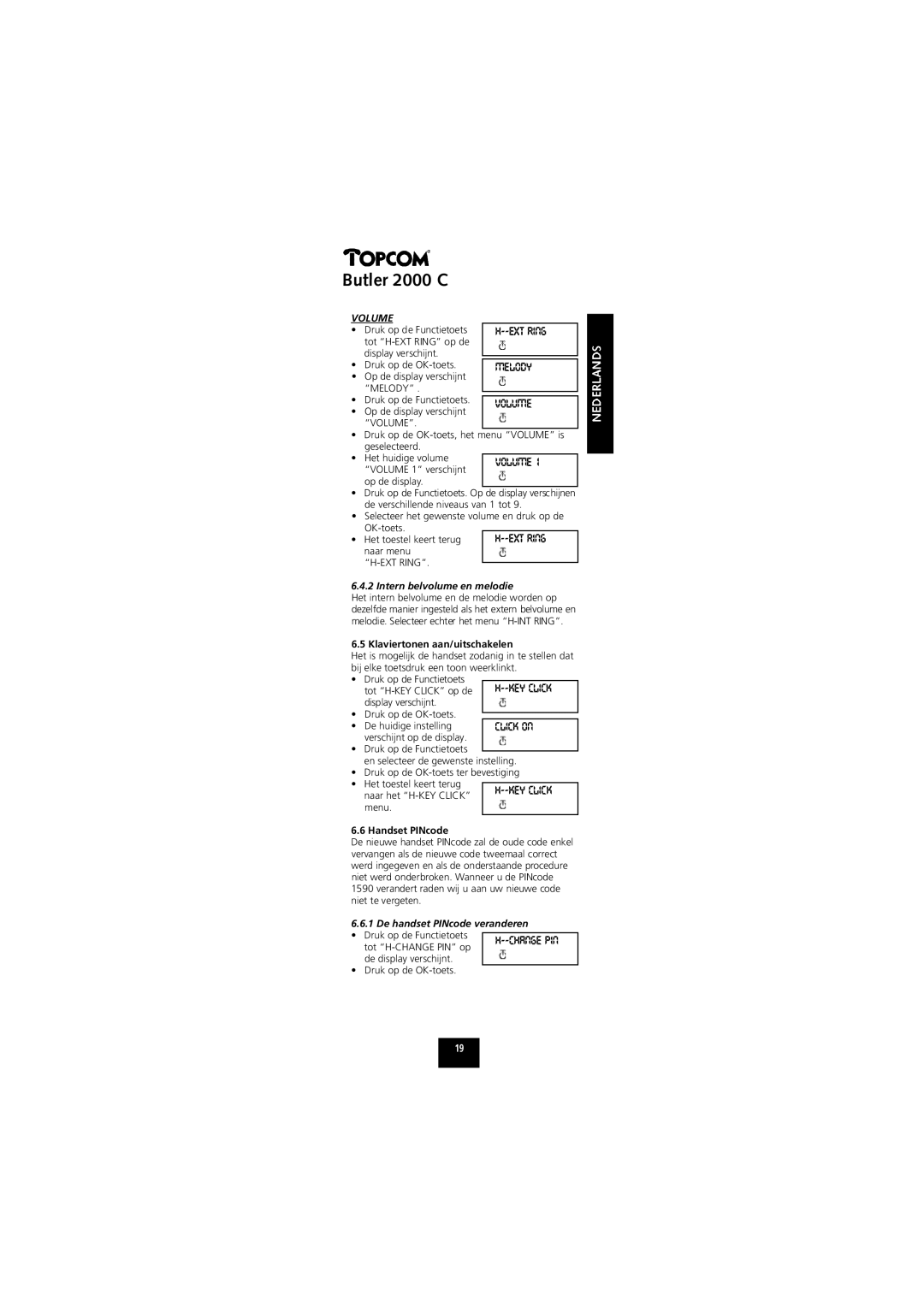 Topcom 2000 C manual Volume, Intern belvolume en melodie, Klaviertonen aan/uitschakelen, Handset PINcode 