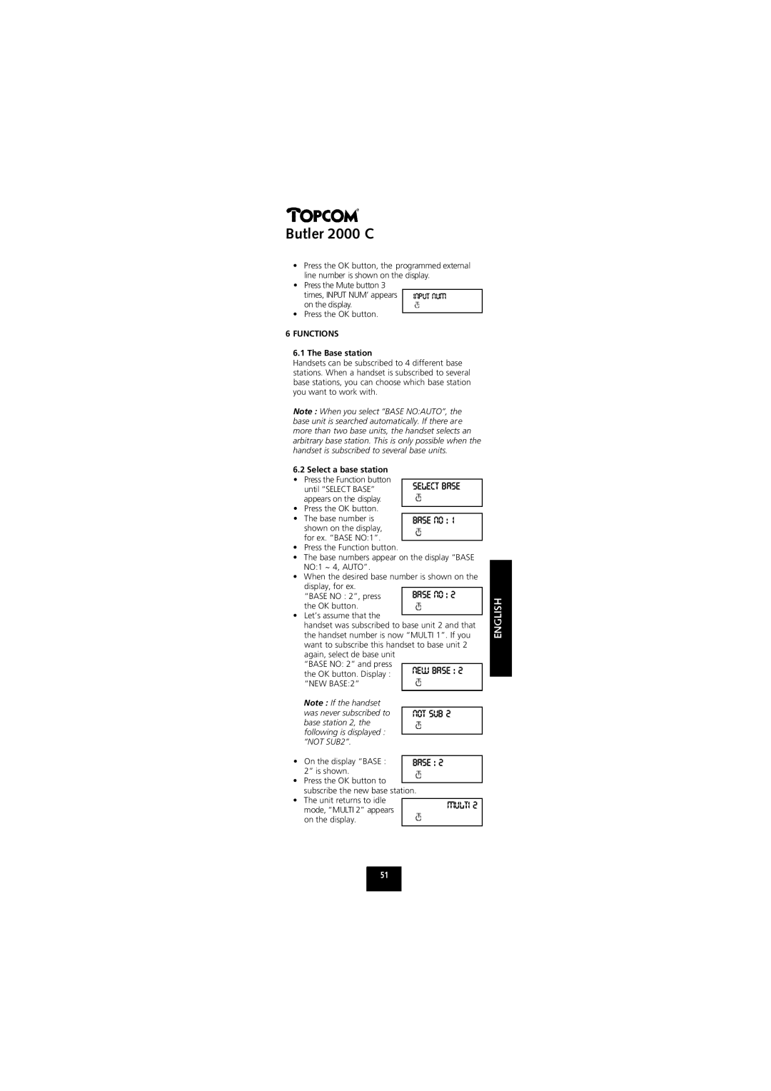 Topcom 2000 C manual Functions, Base station, Select a base station 