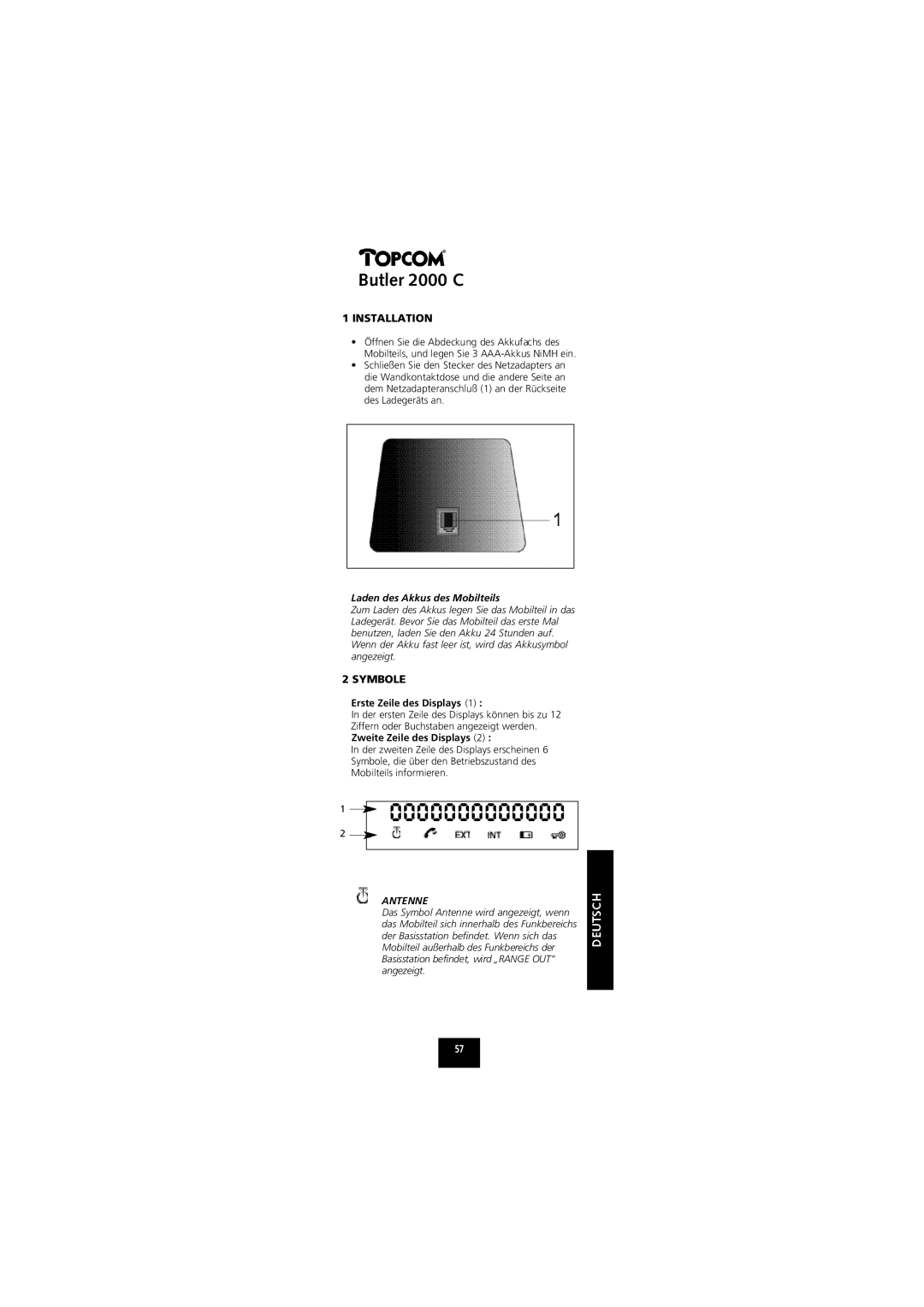 Topcom 2000 C manual Laden des Akkus des Mobilteils, Symbole, Erste Zeile des Displays 