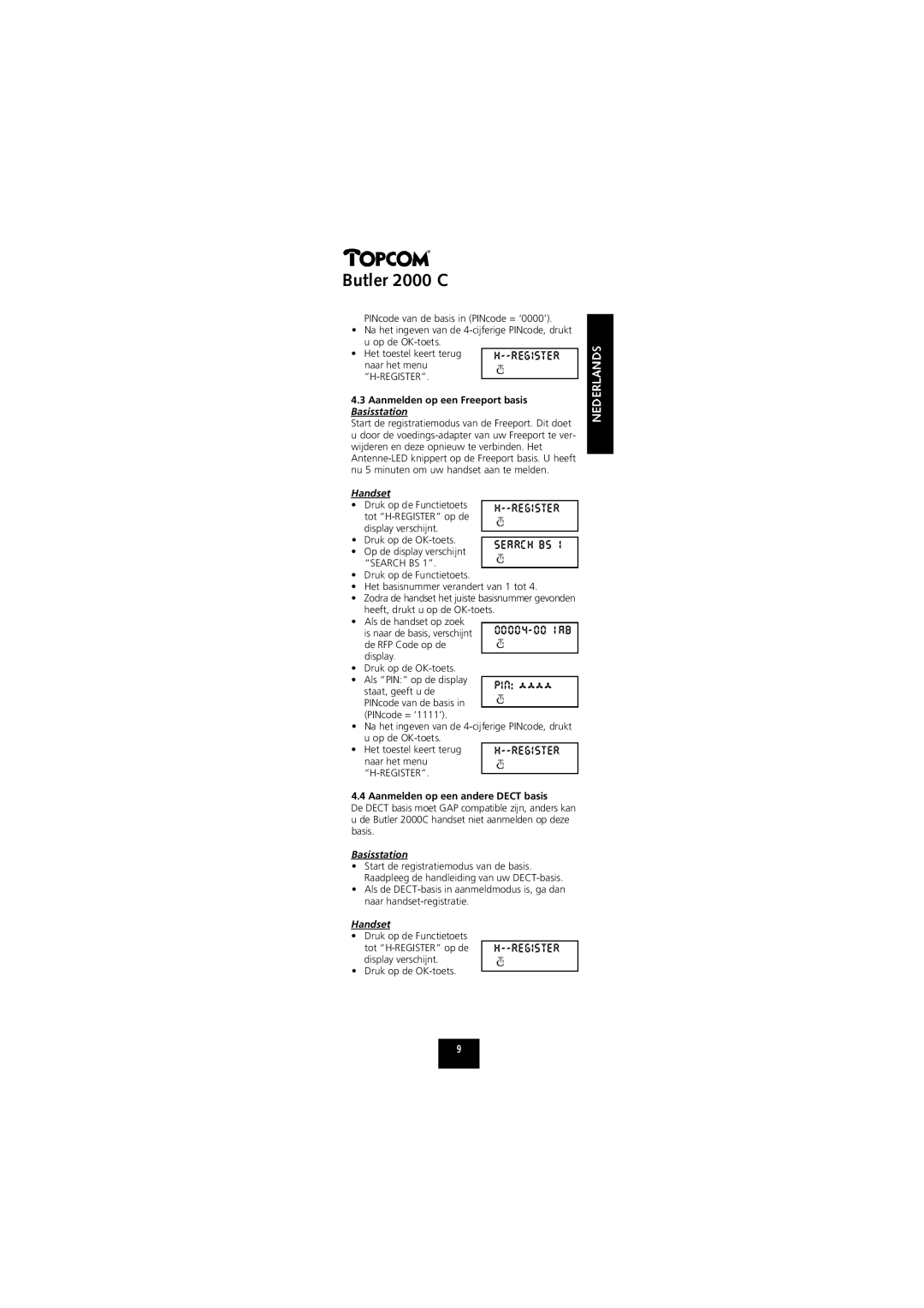 Topcom 2000 C manual Register, Handset, Basisstation 