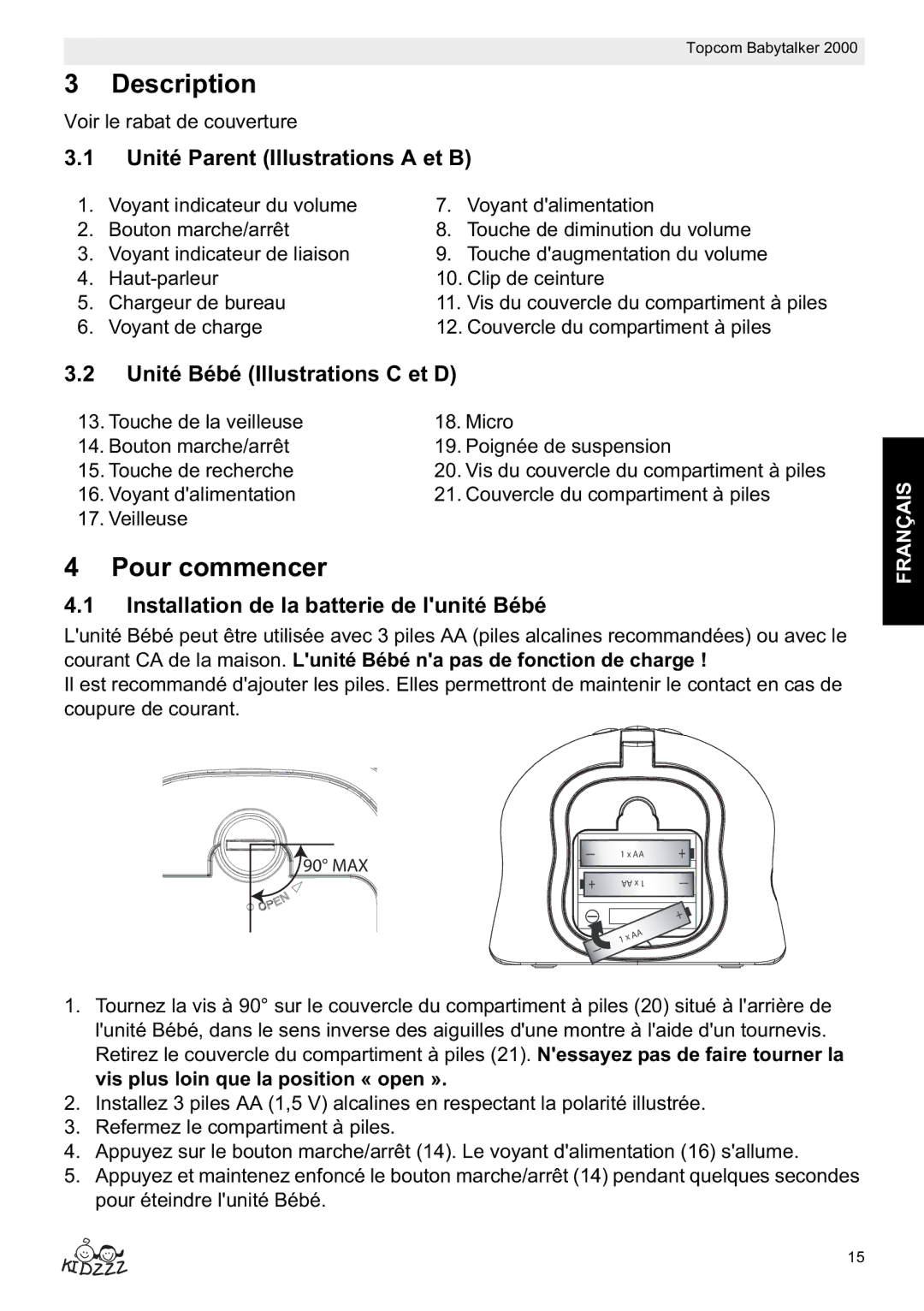 Topcom 2000 Pour commencer, Unité Parent Illustrations a et B, Unité Bébé Illustrations C et D, Français 