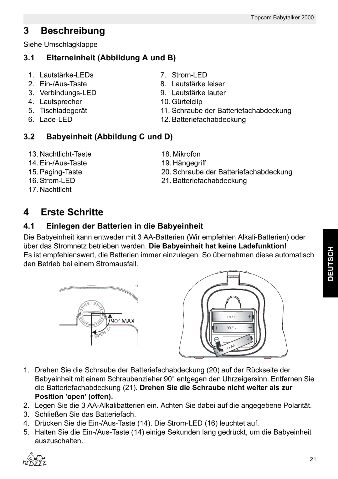 Topcom 2000 Beschreibung, Erste Schritte, Elterneinheit Abbildung a und B, Babyeinheit Abbildung C und D 