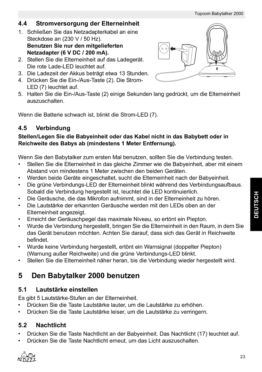 Topcom Den Babytalker 2000 benutzen, Stromversorgung der Elterneinheit, Verbindung, Lautstärke einstellen, Nachtlicht 