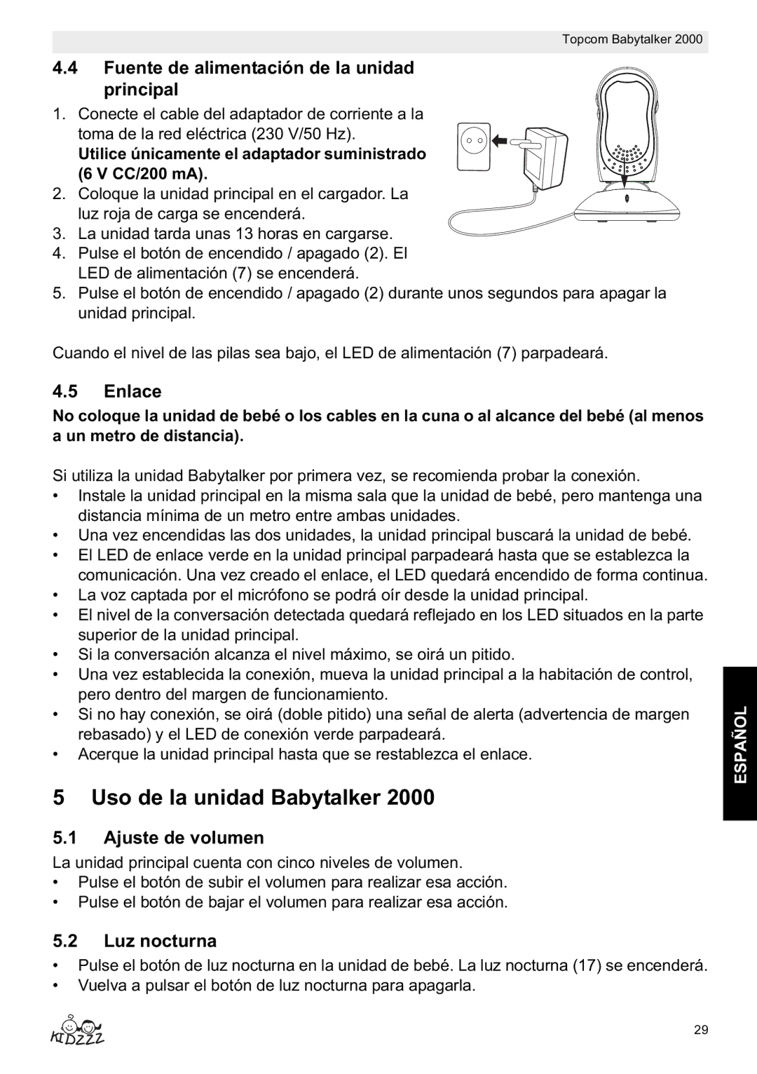 Topcom 2000 Uso de la unidad Babytalker, Fuente de alimentación de la unidad Principal, Enlace, Ajuste de volumen 