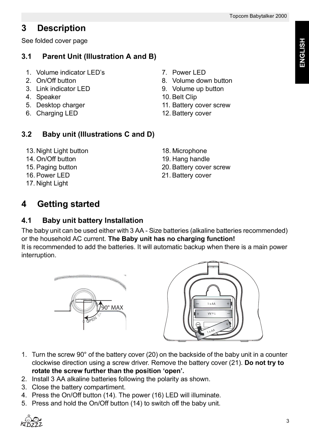 Topcom 2000 Description, Getting started, Parent Unit Illustration a and B, Baby unit Illustrations C and D 