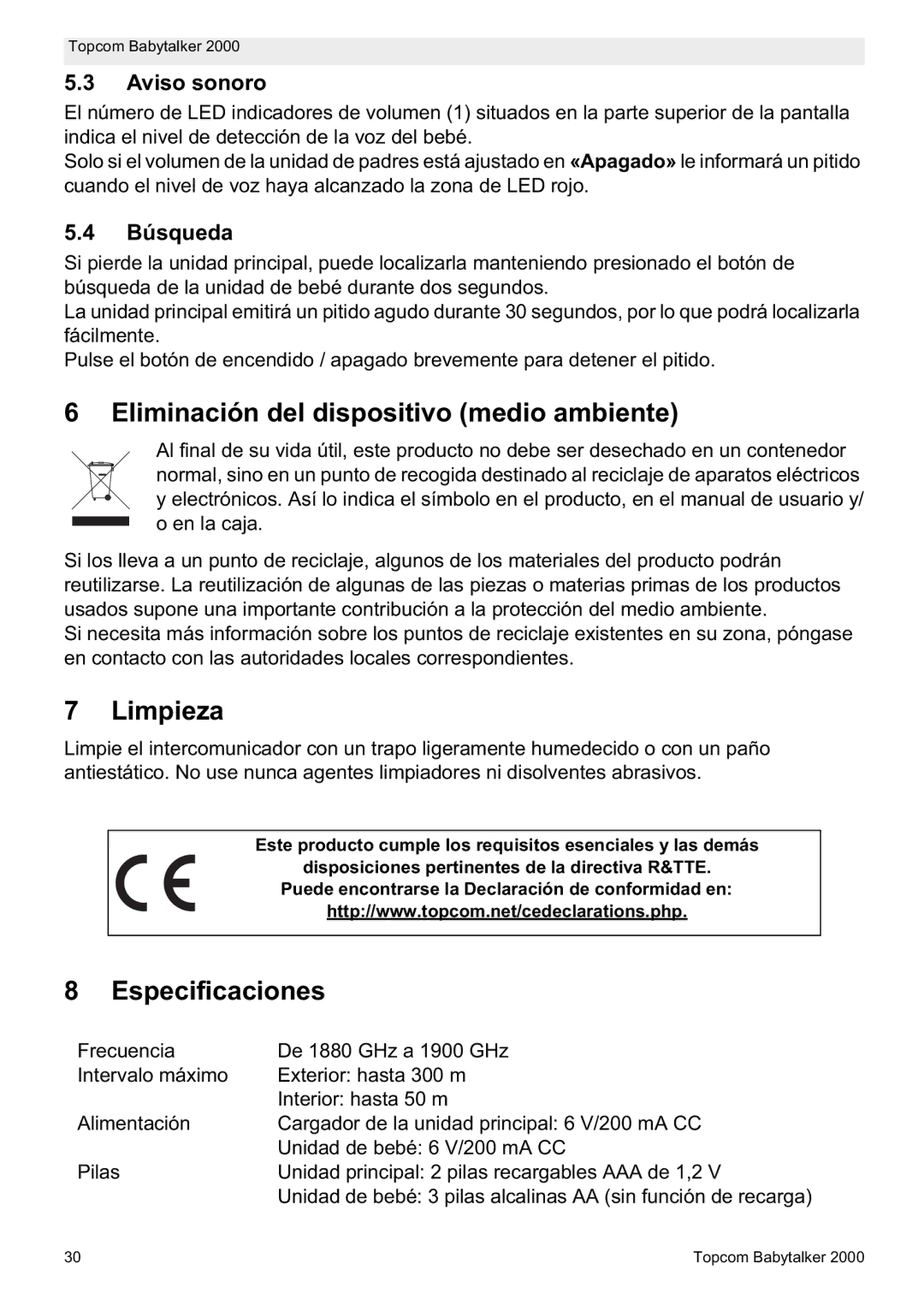 Topcom 2000 Eliminación del dispositivo medio ambiente, Limpieza, Especificaciones, Aviso sonoro, Búsqueda 