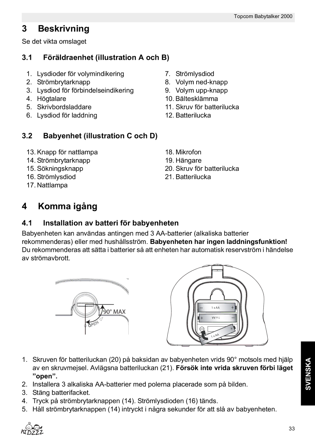 Topcom 2000 Beskrivning, Komma igång, Föräldraenhet illustration a och B, Babyenhet illustration C och D 