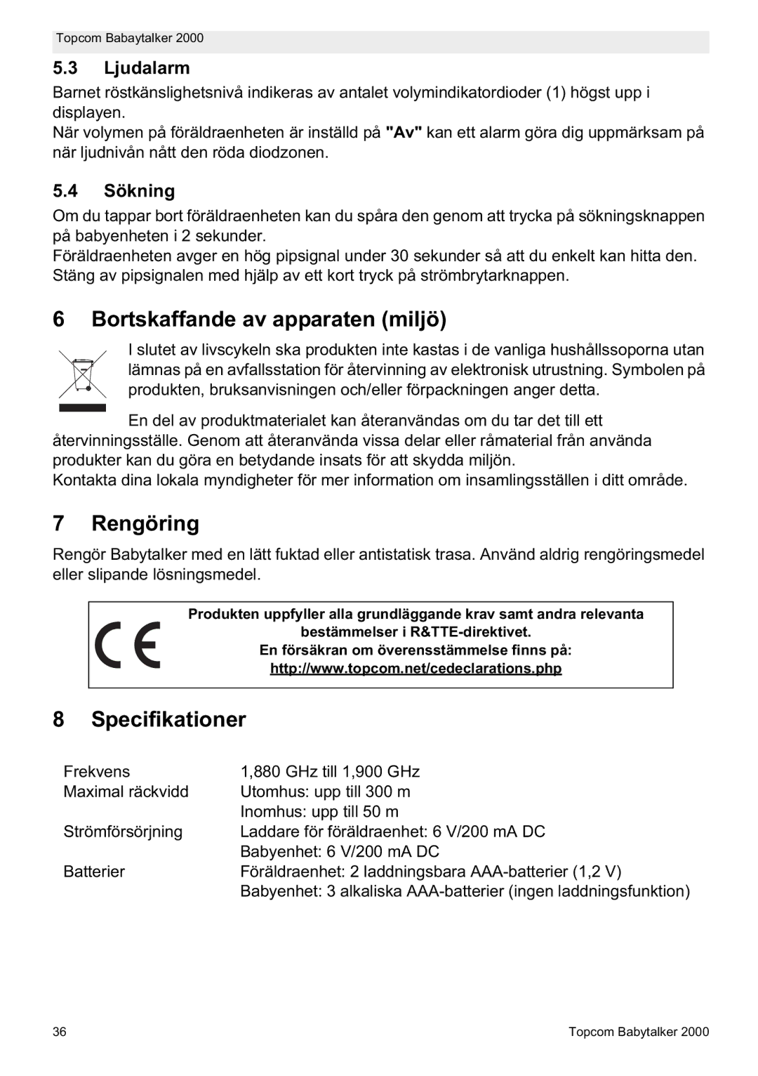 Topcom 2000 manual do utilizador Bortskaffande av apparaten miljö, Rengöring, Specifikationer, Ljudalarm, Sökning 