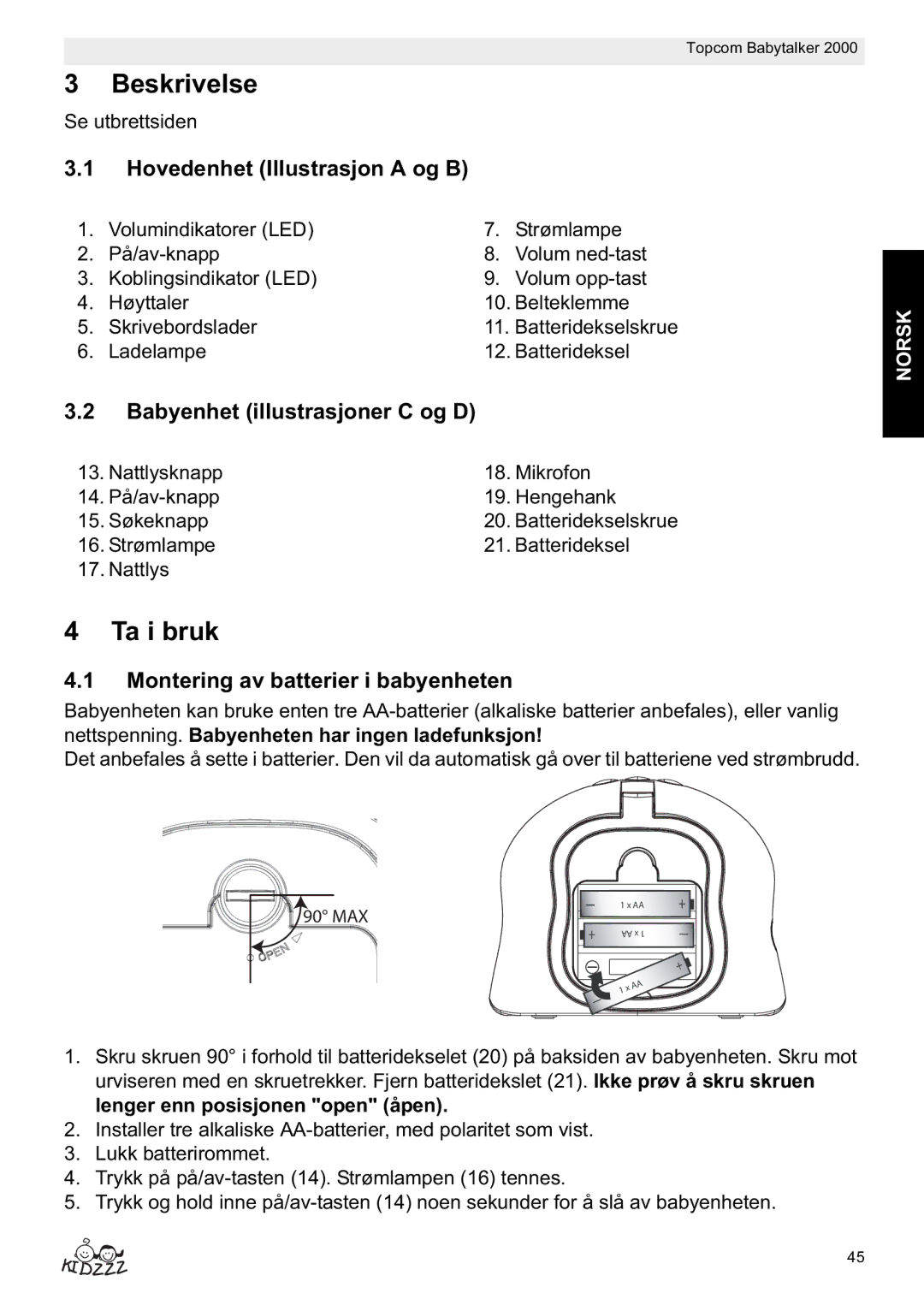 Topcom 2000 manual do utilizador Ta i bruk, Hovedenhet Illustrasjon a og B, Babyenhet illustrasjoner C og D, Norsk 