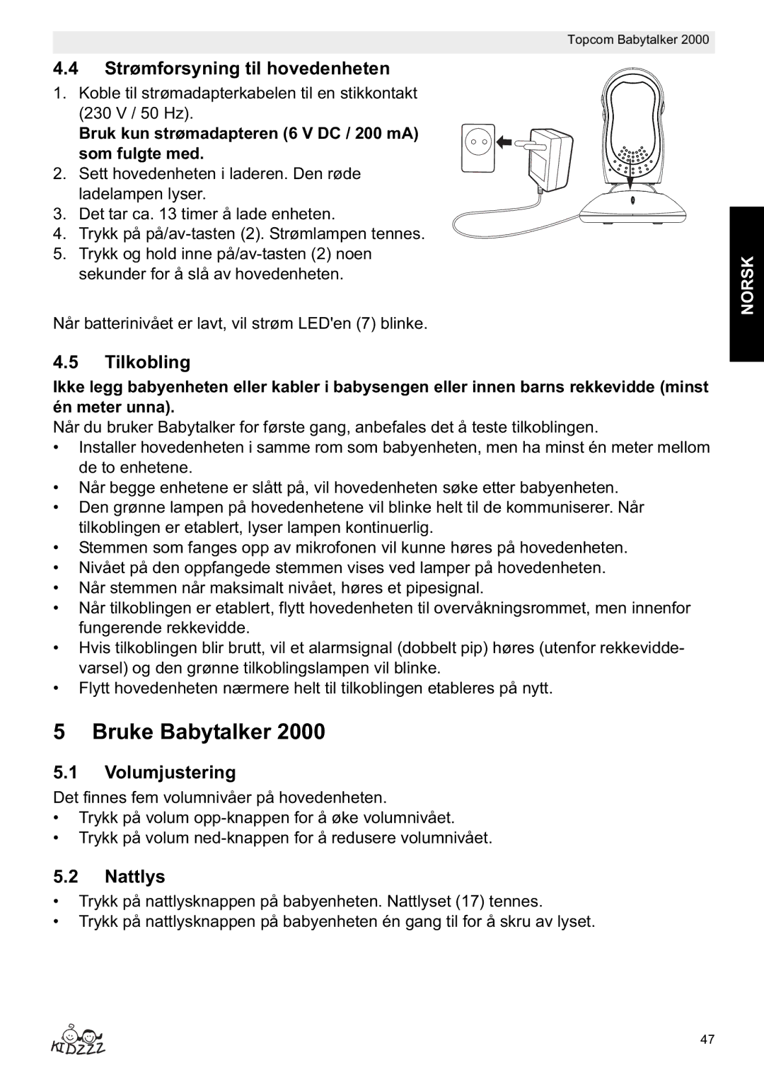 Topcom 2000 manual do utilizador Bruke Babytalker, Strømforsyning til hovedenheten, Tilkobling, Volumjustering, Nattlys 