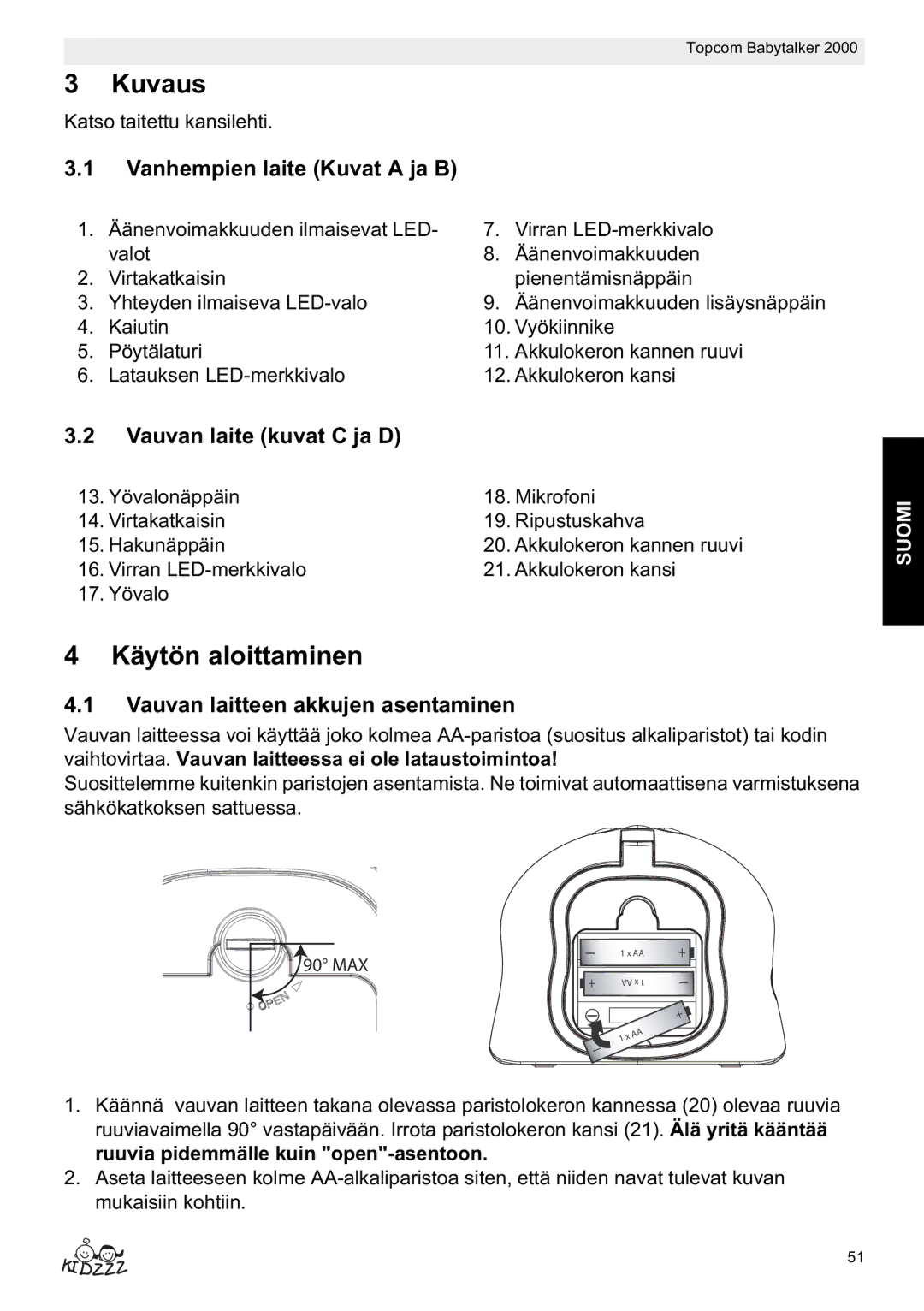 Topcom 2000 manual do utilizador Kuvaus, Käytön aloittaminen, Vanhempien laite Kuvat a ja B, Vauvan laite kuvat C ja D 