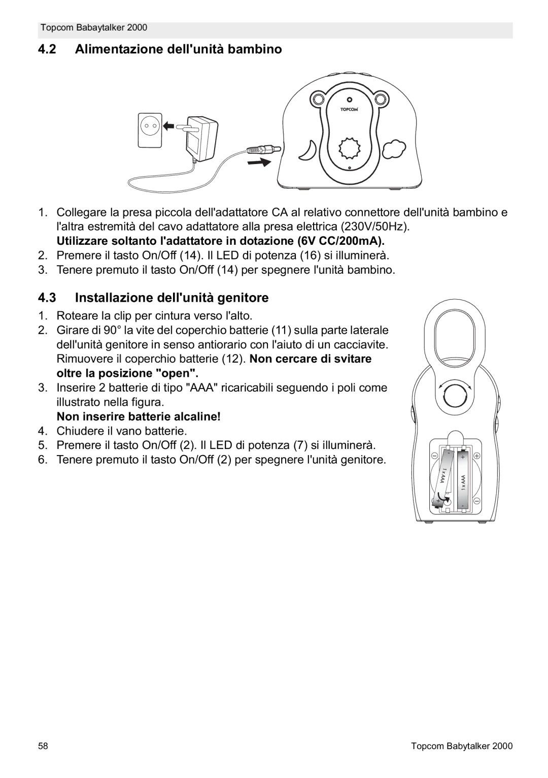 Topcom 2000 manual do utilizador Alimentazione dellunità bambino, Installazione dellunità genitore, Oltre la posizione open 