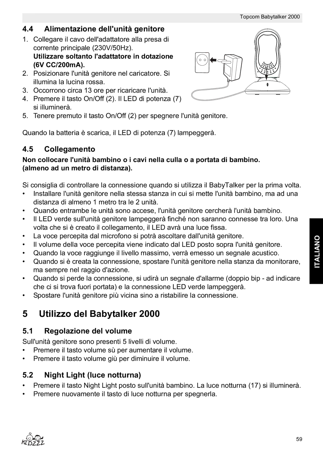 Topcom 2000 Utilizzo del Babytalker, Alimentazione dellunità genitore, Collegamento, Regolazione del volume 