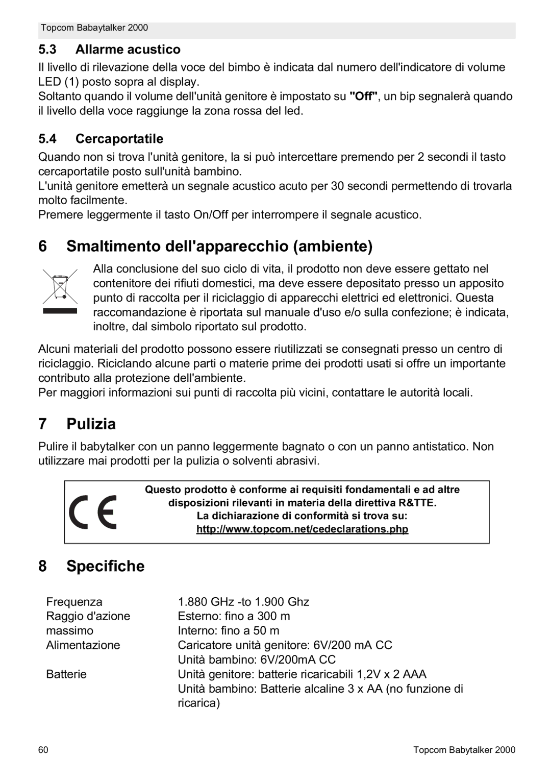 Topcom 2000 Smaltimento dellapparecchio ambiente, Pulizia, Specifiche, Allarme acustico, Cercaportatile 