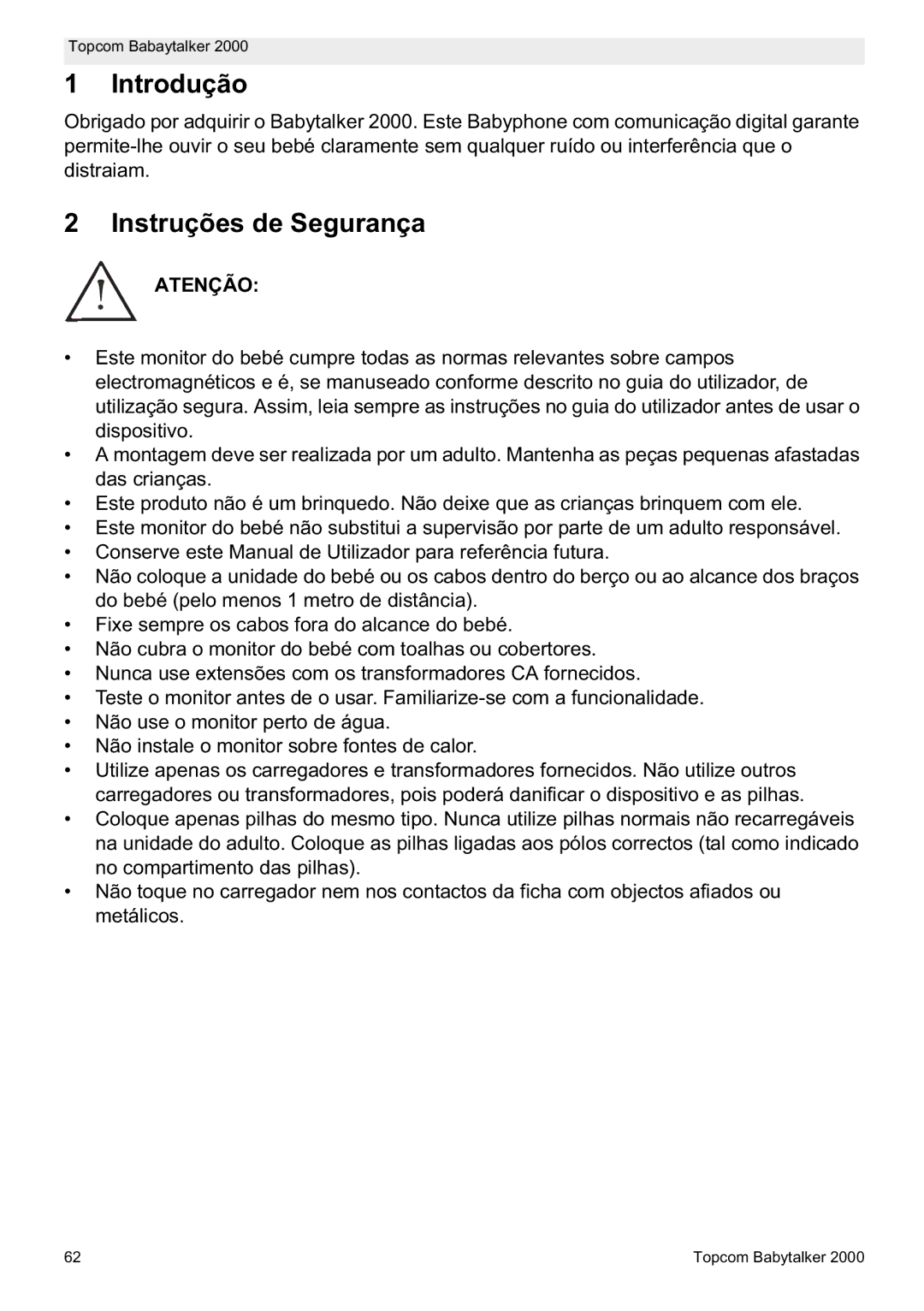 Topcom 2000 manual do utilizador Introdução, Instruções de Segurança, Atenção 