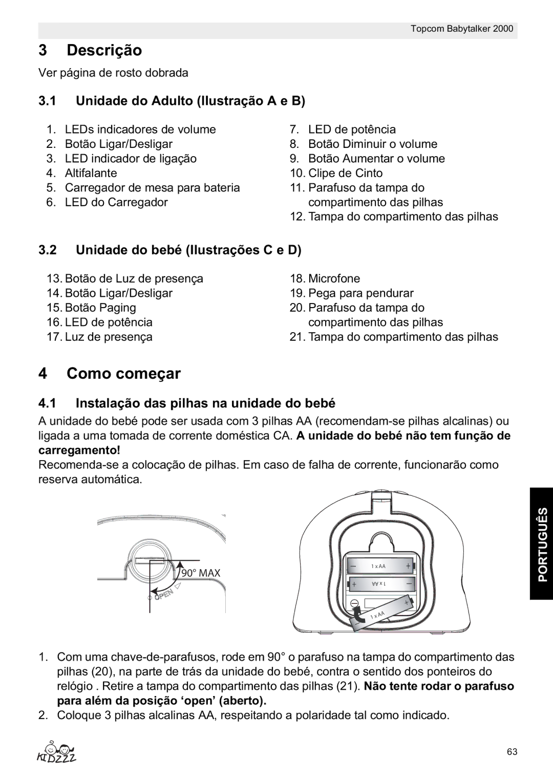 Topcom 2000 Descrição, Como começar, Unidade do Adulto Ilustração a e B, Unidade do bebé Ilustrações C e D 