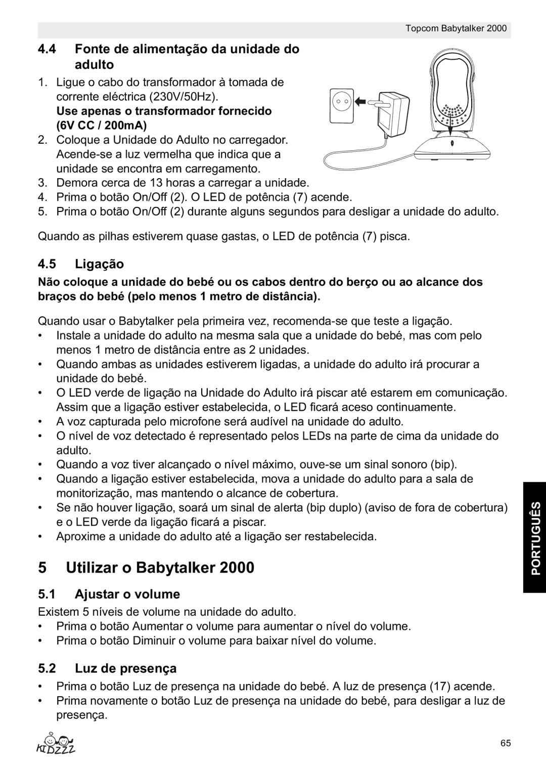 Topcom 2000 Utilizar o Babytalker, Fonte de alimentação da unidade do Adulto, Ligação, Ajustar o volume, Luz de presença 