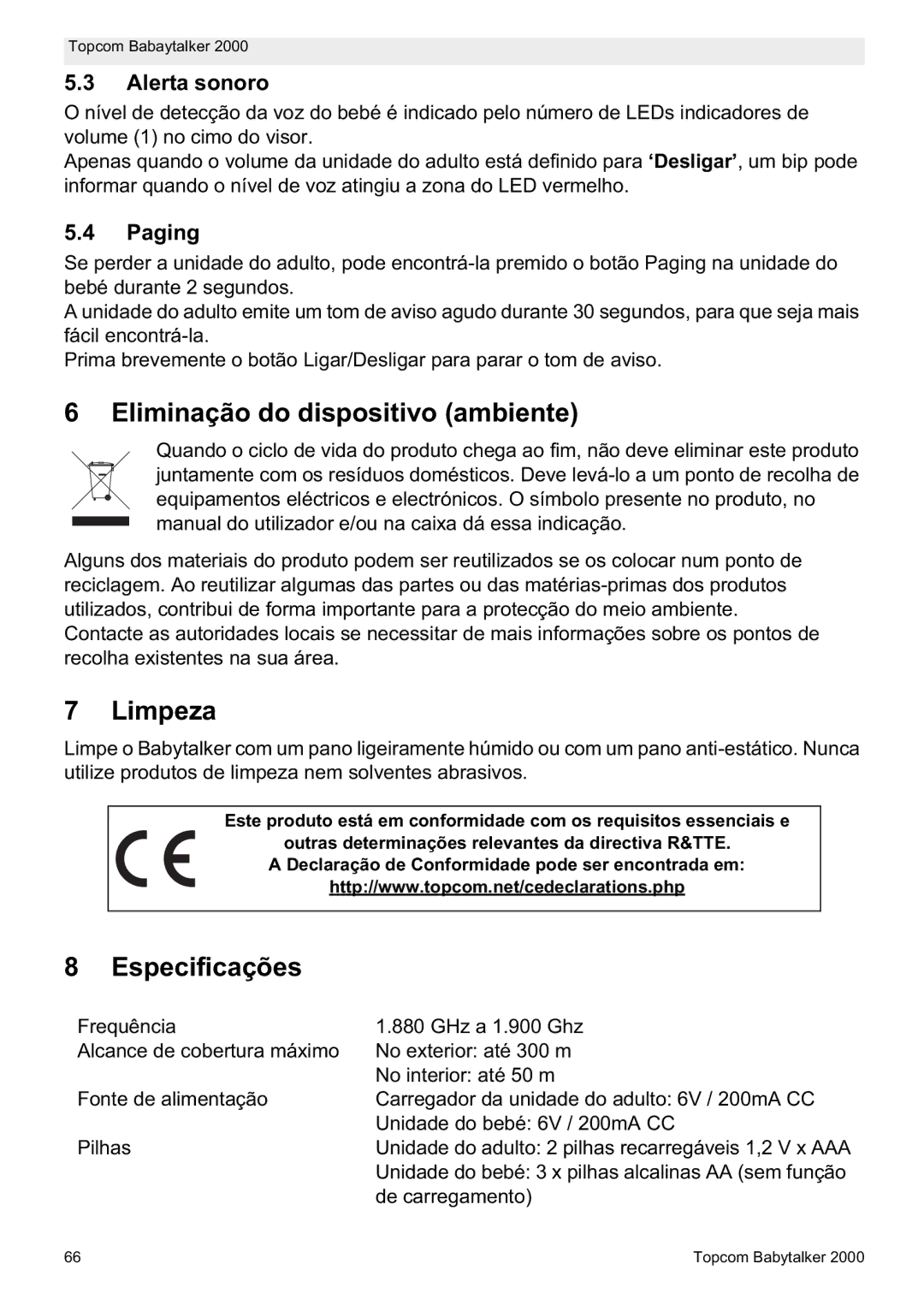 Topcom 2000 manual do utilizador Eliminação do dispositivo ambiente, Limpeza, Especificações, Alerta sonoro 