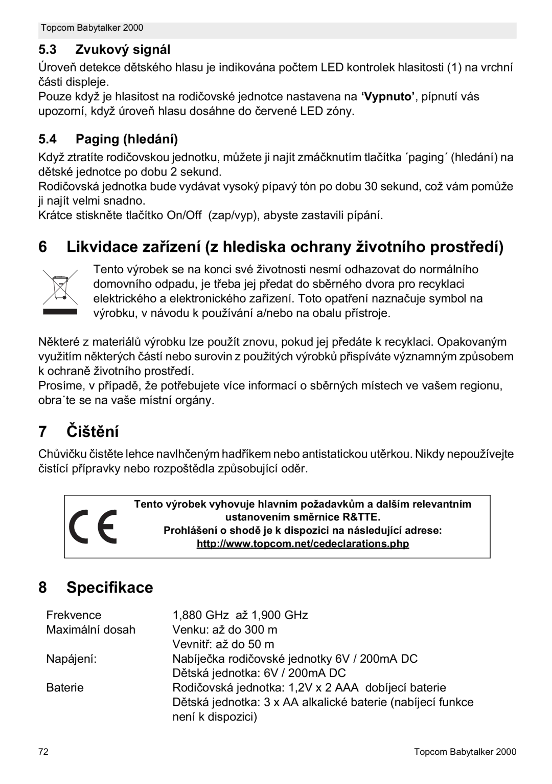 Topcom 2000 manual do utilizador Likvidace za, Išt, Specifikace, Zvukový signál, Paging hledání 