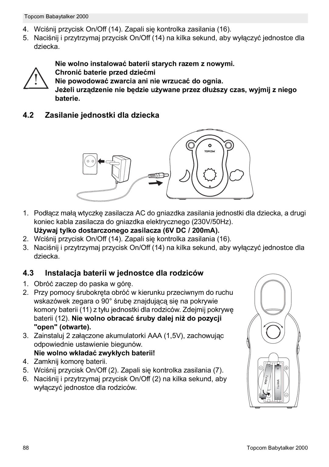 Topcom 2000 Zasilanie jednostki dla dziecka, Instalacja baterii w jednostce dla rodziców, Open otwarte, Nie wolno wk Zwyk 