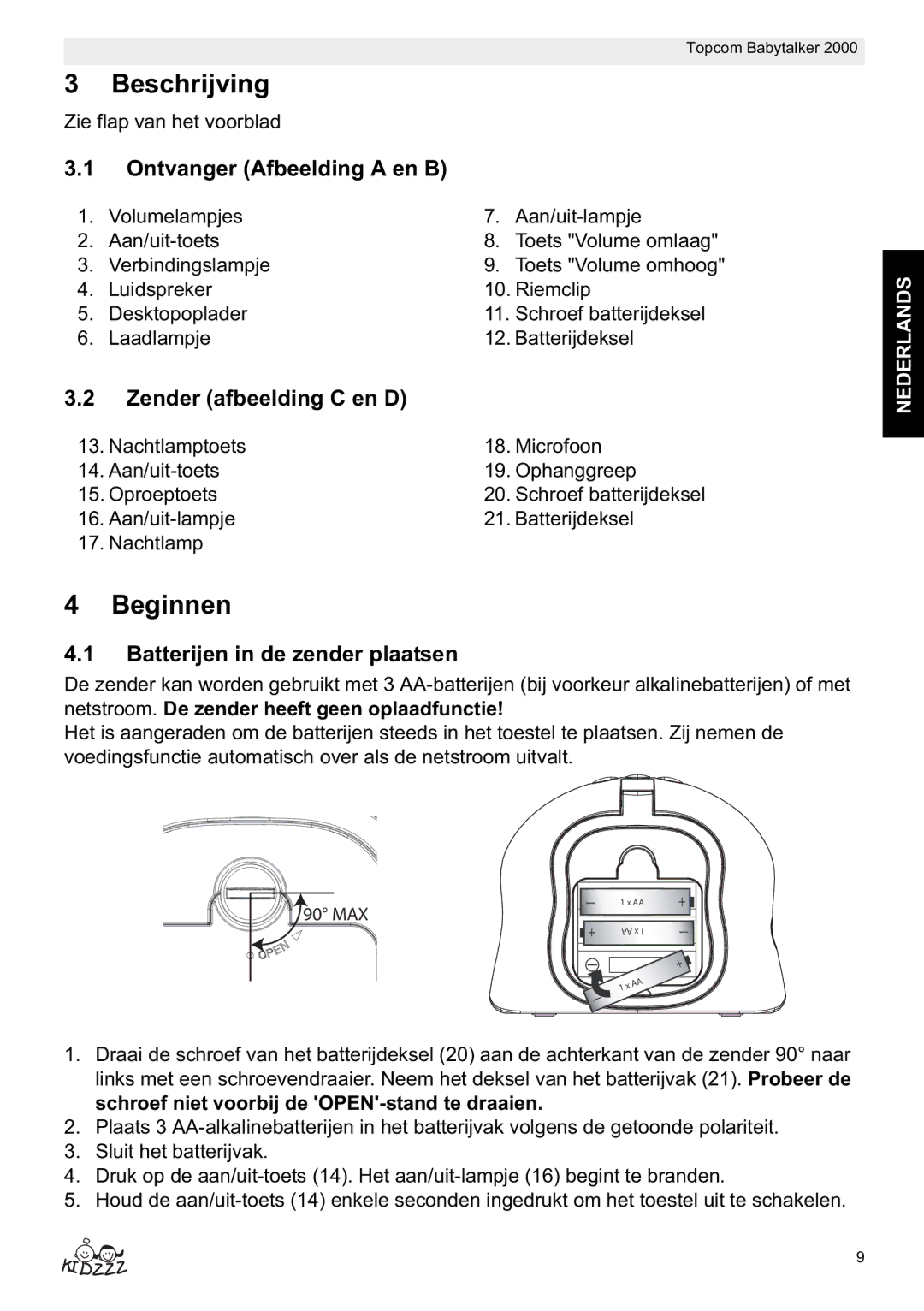 Topcom 2000 manual do utilizador Beschrijving, Beginnen, Ontvanger Afbeelding a en B, Zender afbeelding C en D 