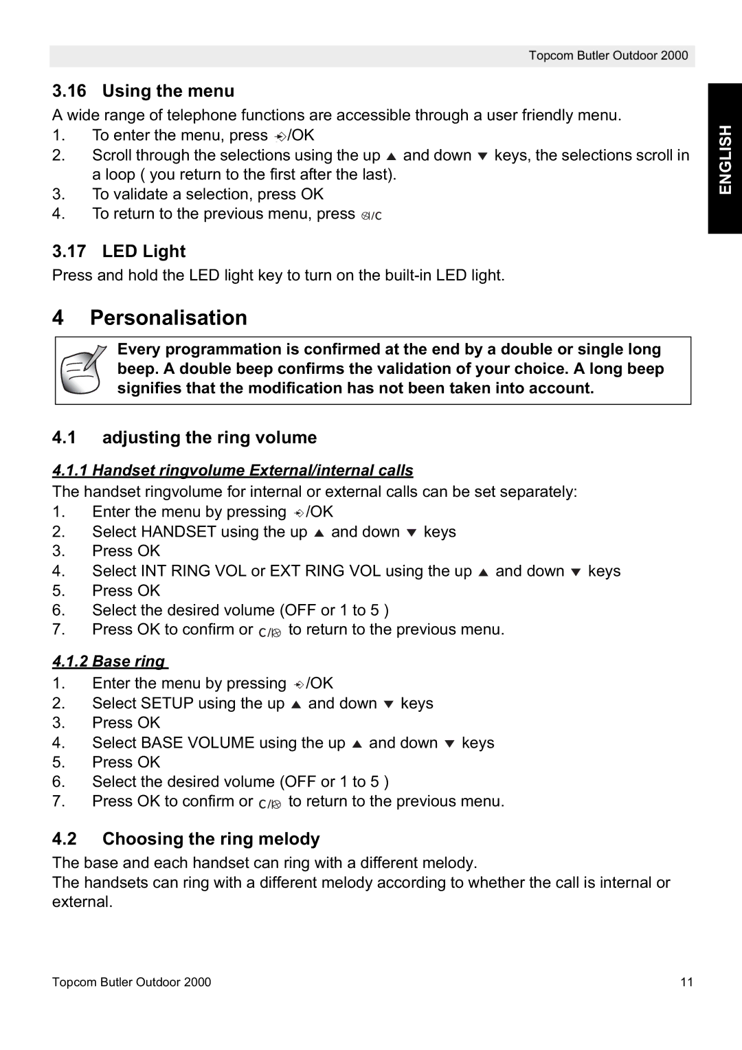 Topcom 2000 manual Personalisation, Using the menu, LED Light, Adjusting the ring volume, Choosing the ring melody 