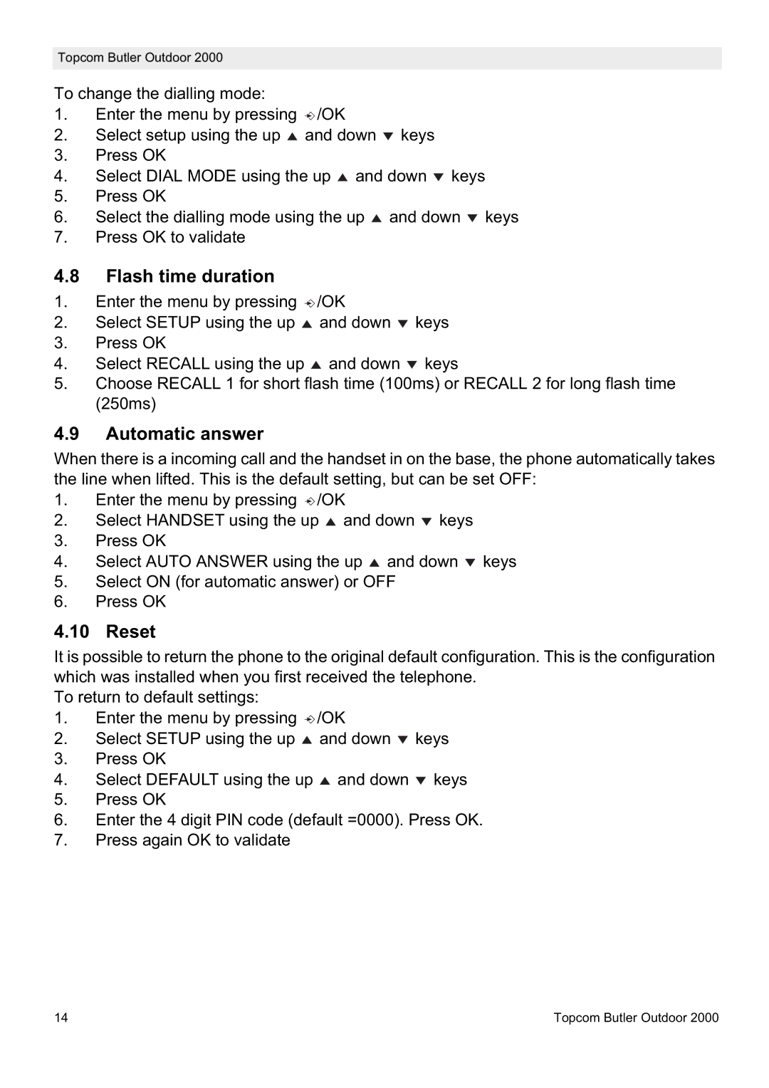 Topcom 2000 manual Flash time duration, Automatic answer, Reset 
