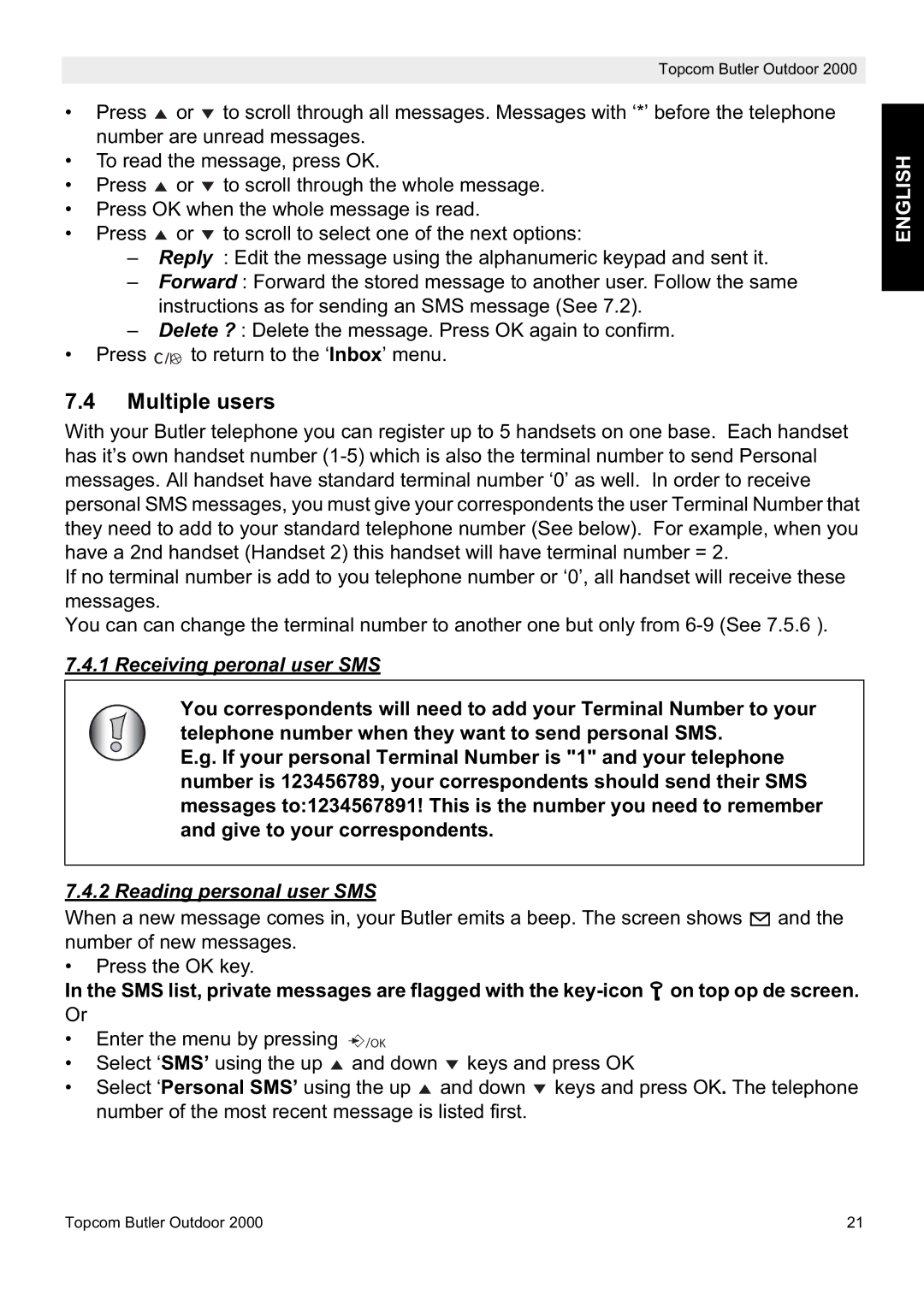 Topcom 2000 manual Multiple users, Receiving peronal user SMS, Reading personal user SMS 