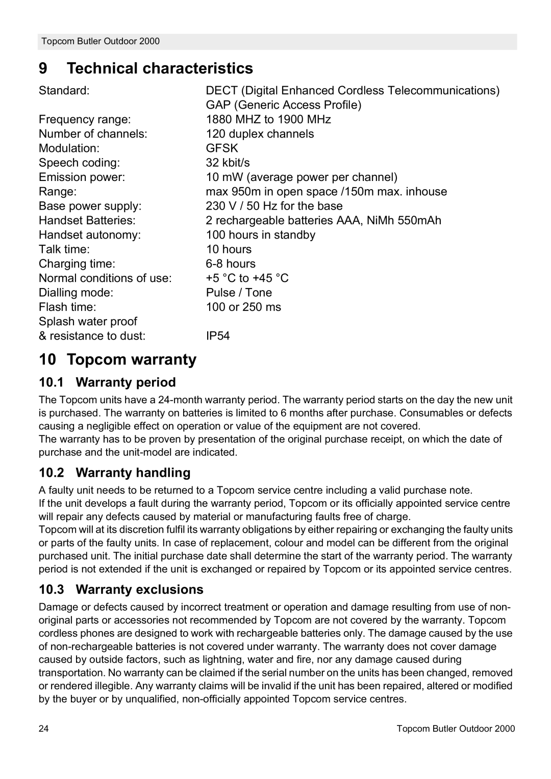 Topcom 2000 manual Technical characteristics, Topcom warranty, Warranty period, Warranty handling, Warranty exclusions 