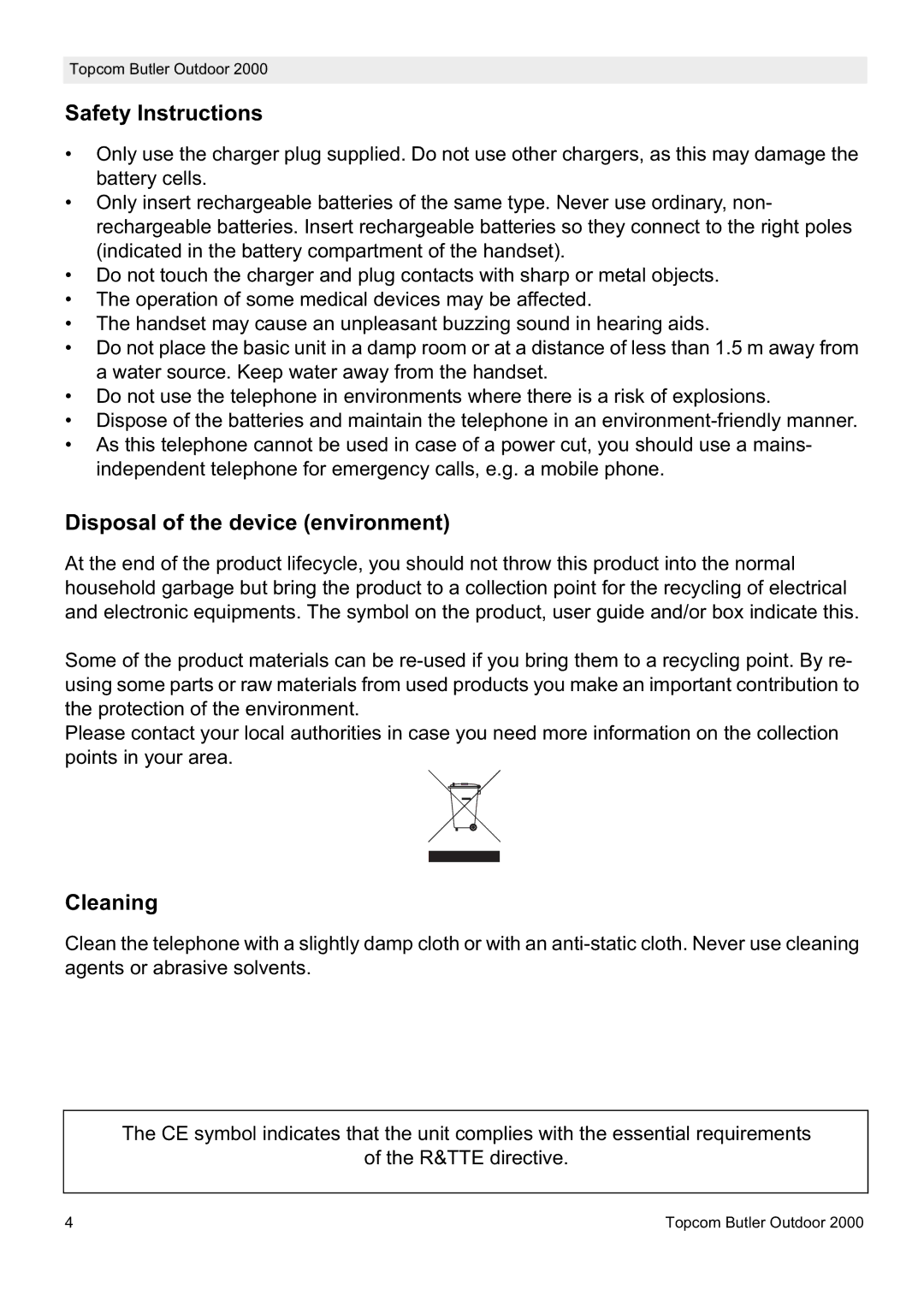 Topcom 2000 manual Safety Instructions, Disposal of the device environment, Cleaning 