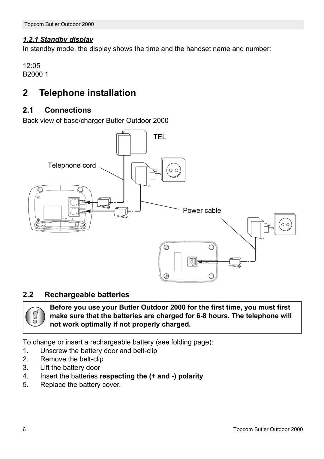 Topcom 2000 manual Telephone installation, Connections, Rechargeable batteries, Standby display 