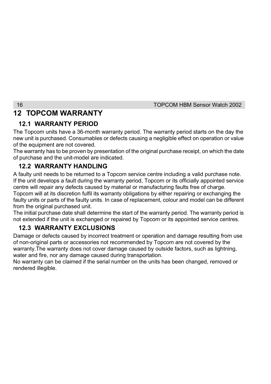 Topcom 2002 manual Topcom Warranty, Warranty Period, Warranty Handling, Warranty Exclusions 