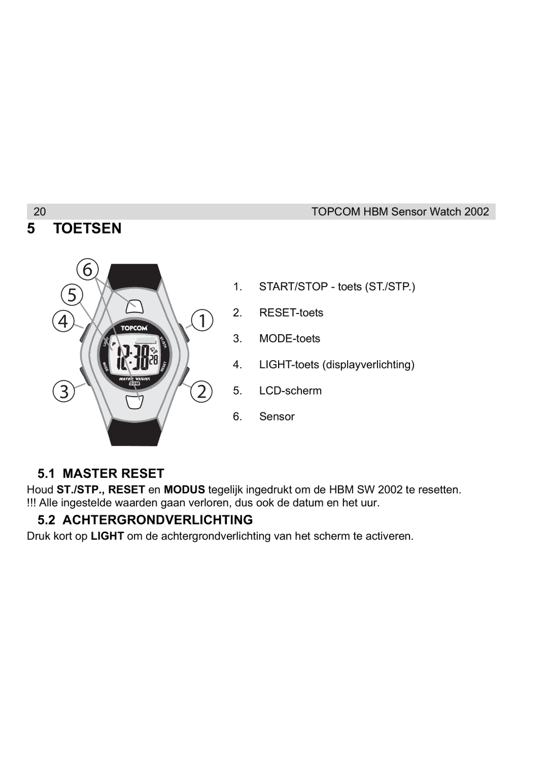 Topcom 2002 manual Toetsen, Achtergrondverlichting 