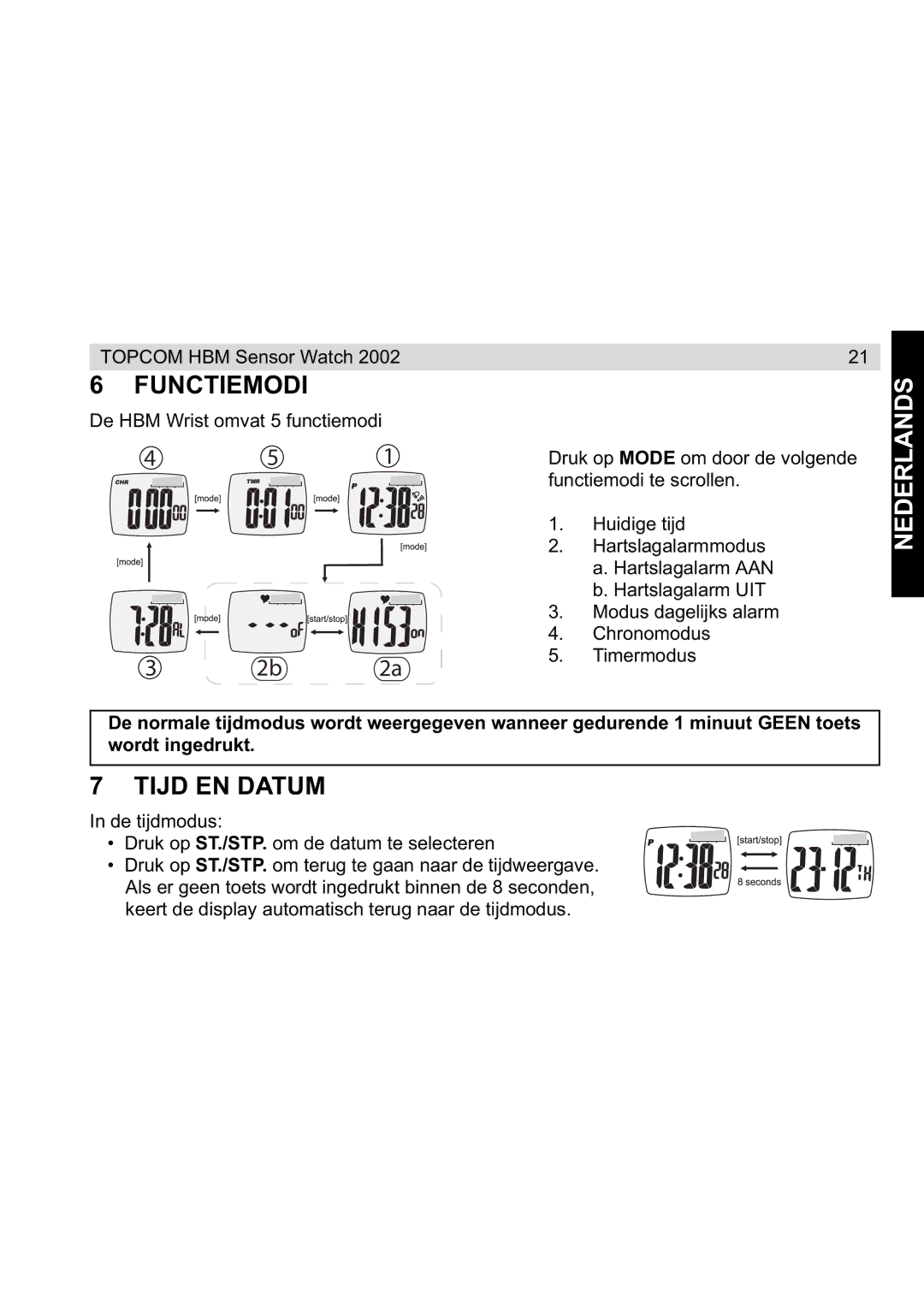 Topcom 2002 manual Functiemodi, Tijd EN Datum 