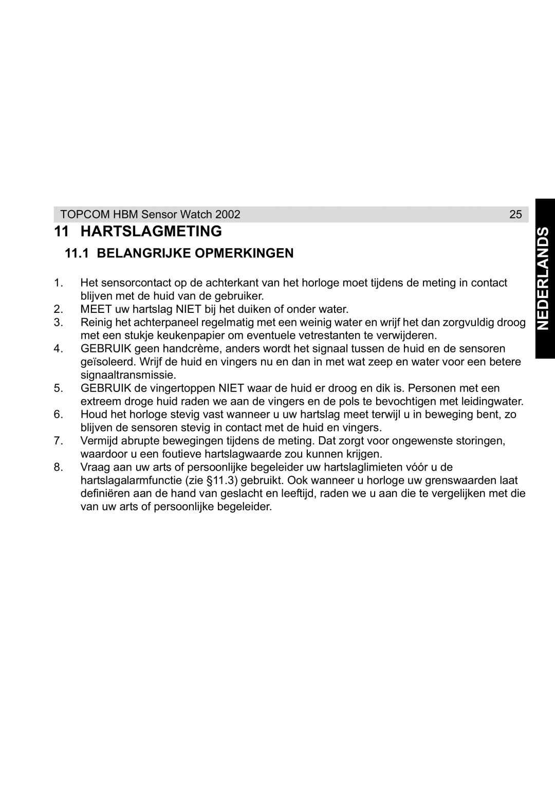 Topcom 2002 manual Hartslagmeting, Belangrijke Opmerkingen 