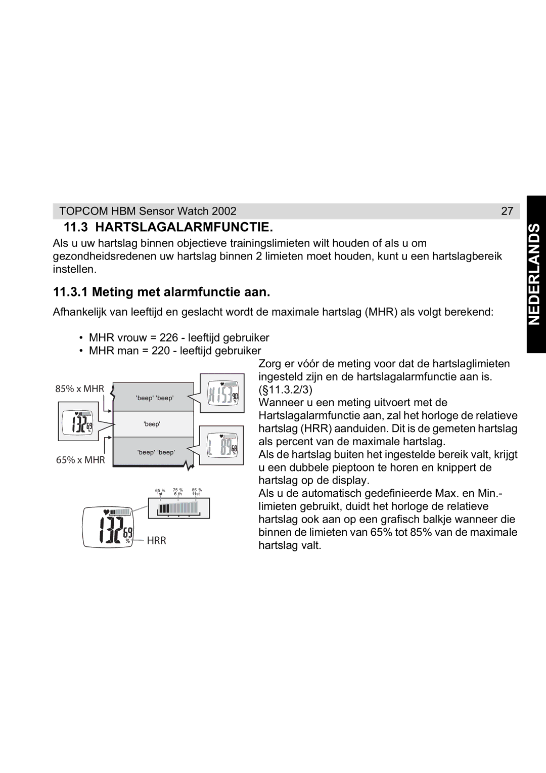 Topcom 2002 manual Hartslagalarmfunctie, Meting met alarmfunctie aan 