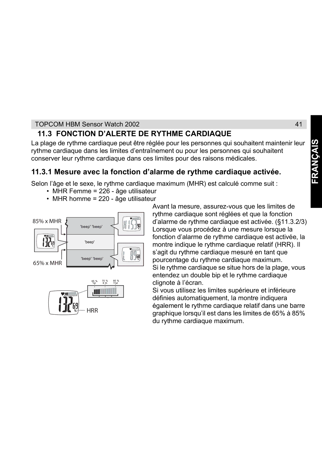 Topcom 2002 manual Fonction D’ALERTE DE Rythme Cardiaque 