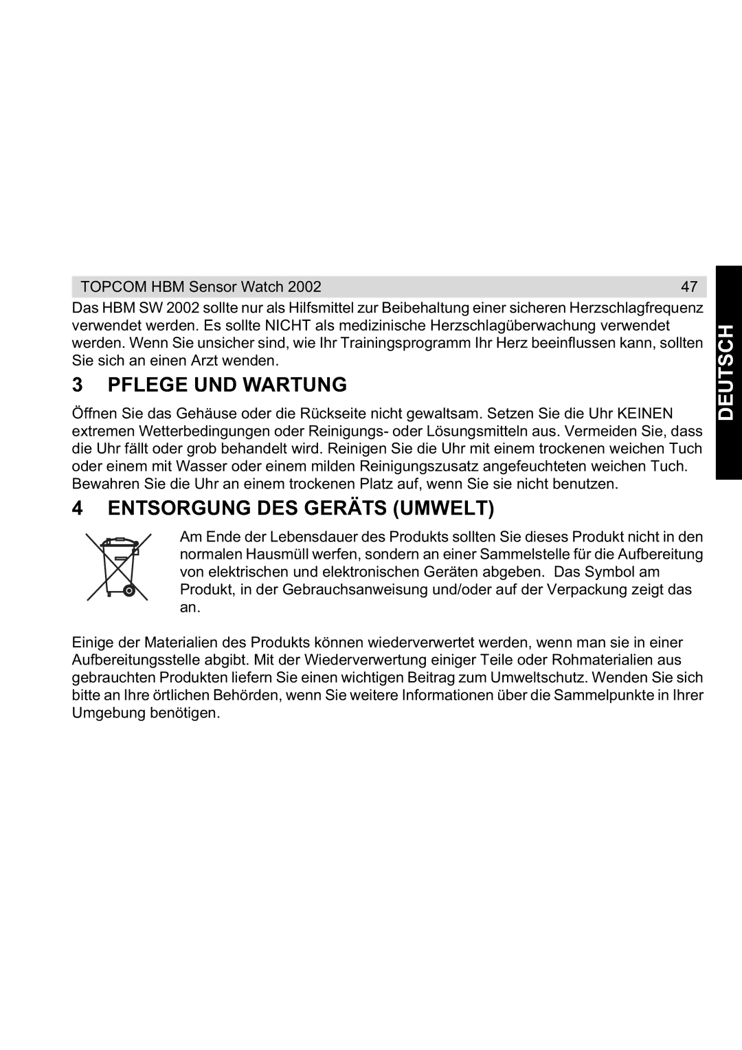 Topcom 2002 manual Pflege UND Wartung, Entsorgung DES Geräts Umwelt 