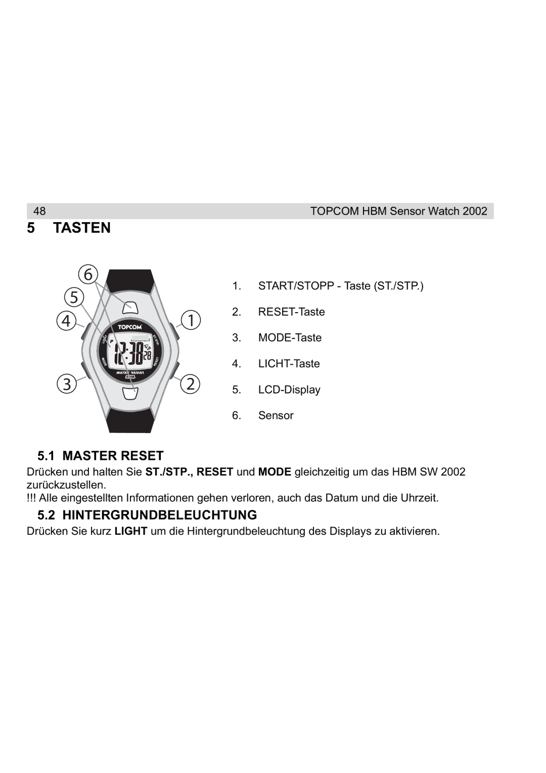 Topcom 2002 manual Tasten, Hintergrundbeleuchtung 