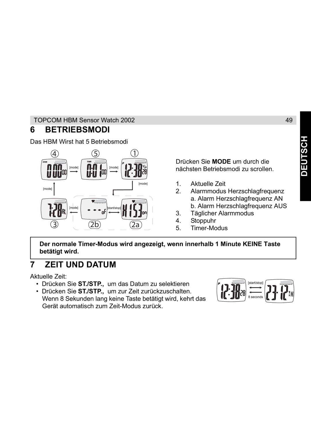 Topcom 2002 manual Betriebsmodi, Zeit UND Datum 