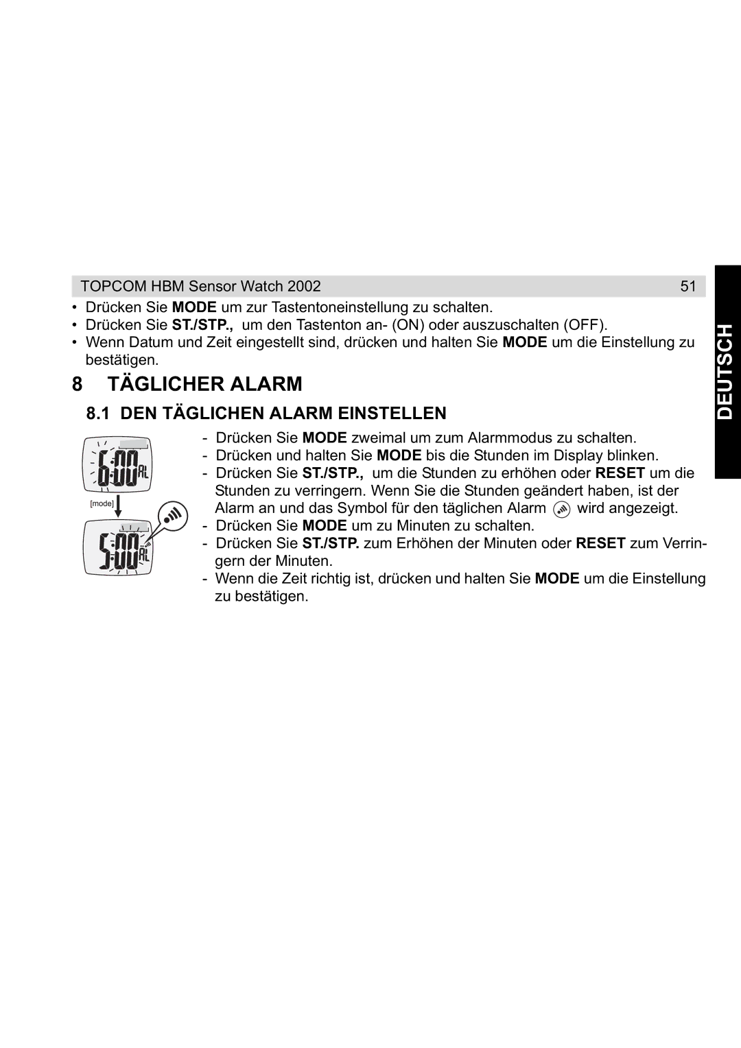 Topcom 2002 manual Täglicher Alarm, DEN Täglichen Alarm Einstellen 