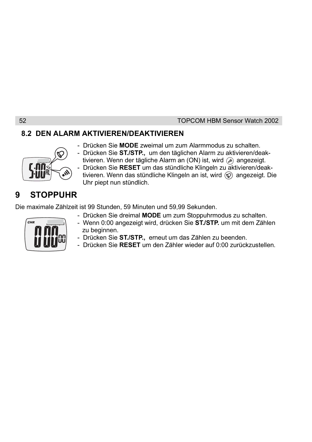 Topcom 2002 manual Stoppuhr, DEN Alarm AKTIVIEREN/DEAKTIVIEREN 