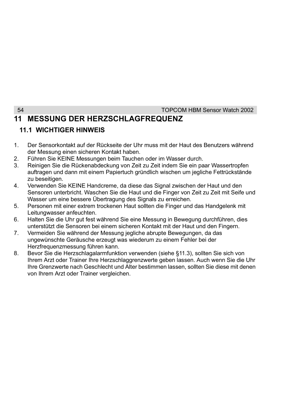 Topcom 2002 manual Messung DER Herzschlagfrequenz, Wichtiger Hinweis 