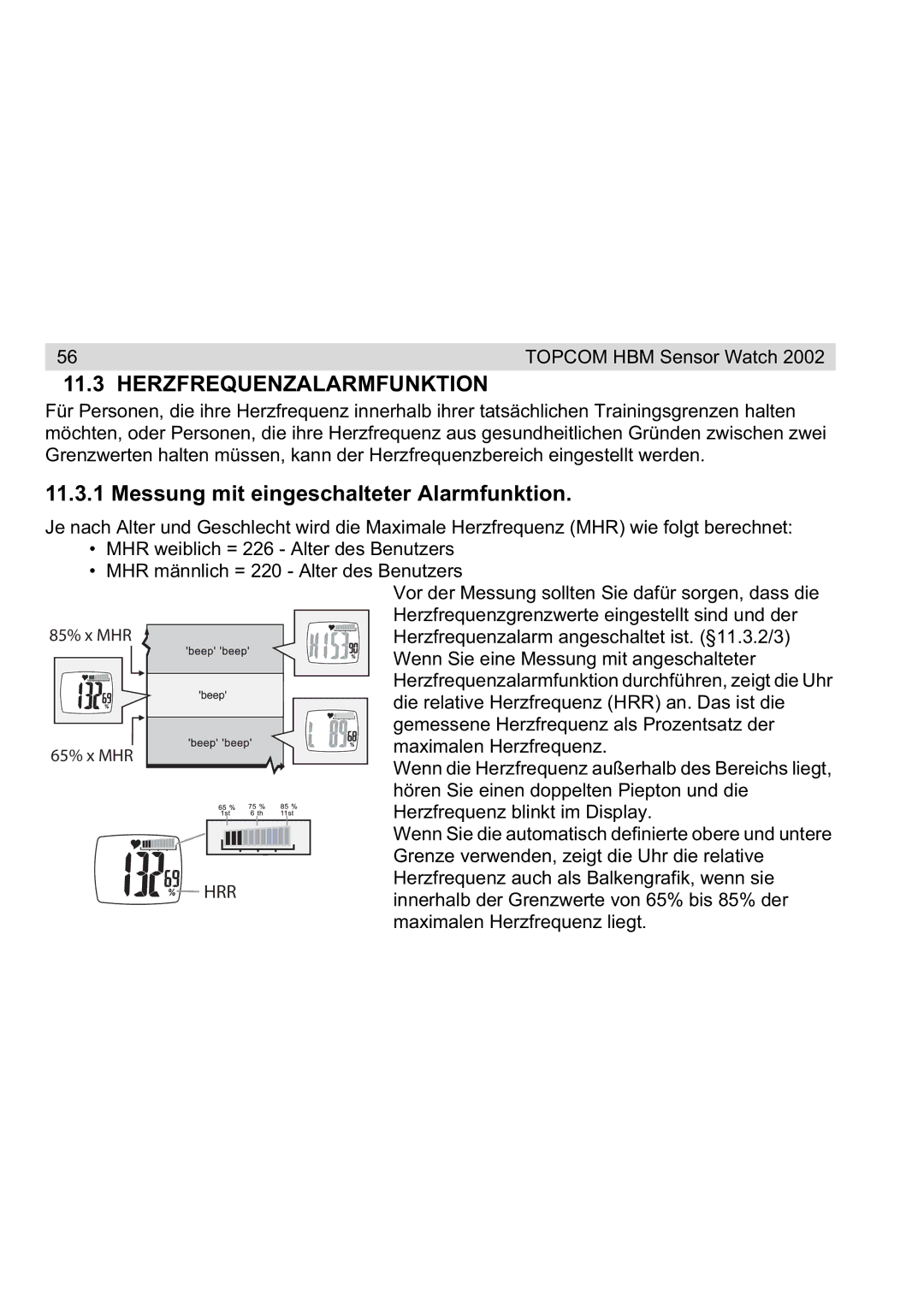 Topcom 2002 manual Herzfrequenzalarmfunktion, Messung mit eingeschalteter Alarmfunktion 