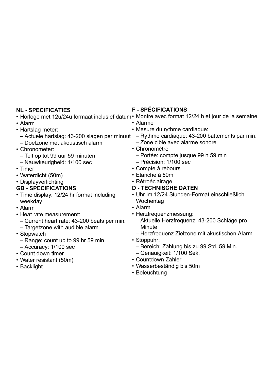 Topcom 2002 manual NL Specificatiesf Spécifications 