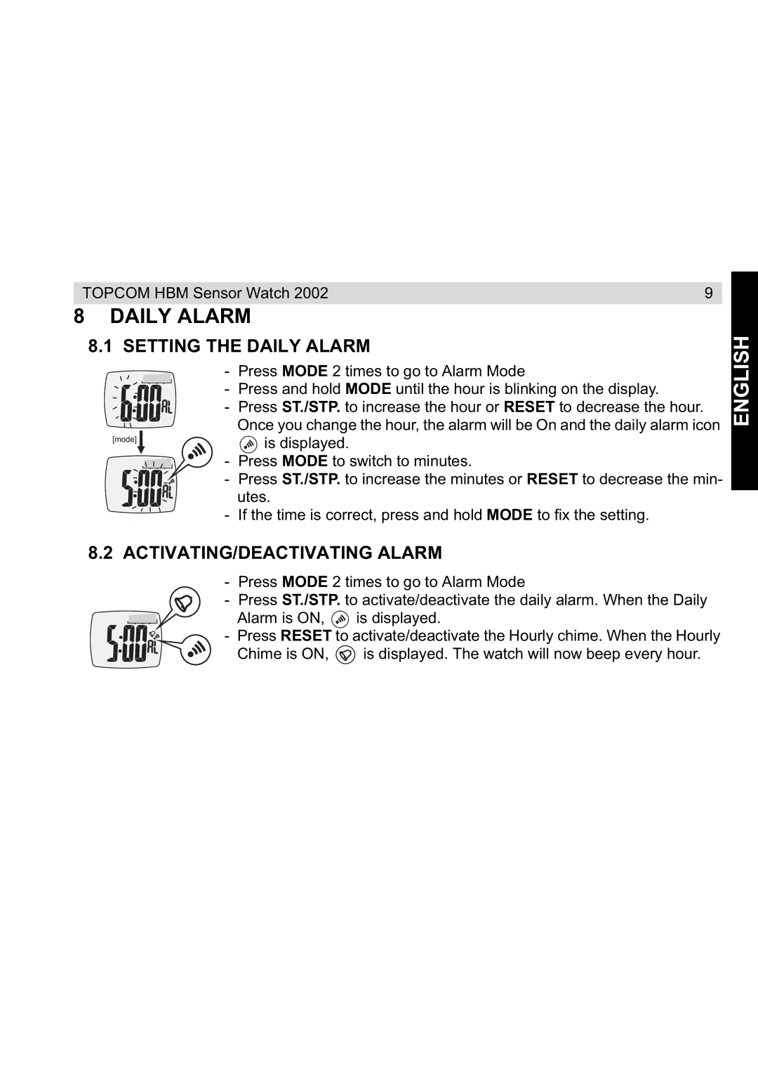 Topcom 2002 manual Setting the Daily Alarm, ACTIVATING/DEACTIVATING Alarm 