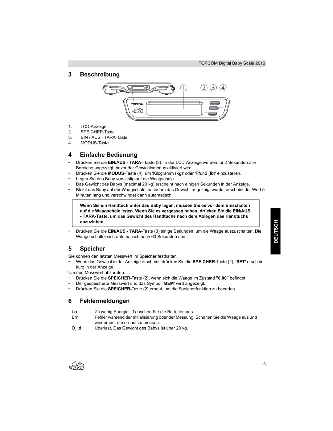 Topcom 2010 manual do utilizador Beschreibung, Einfache Bedienung, Speicher, Fehlermeldungen 